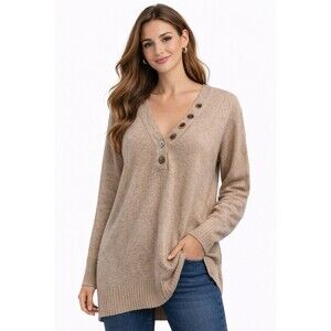 Anthropologie Knit Sweater Tunic L Henley V Neck Button Front Cozy Layering